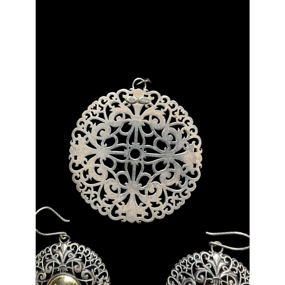 Sterling Silver & 14k Gold Ornate Filigree Drop Dangle Earrings & Pendant - Picture 6 of 9